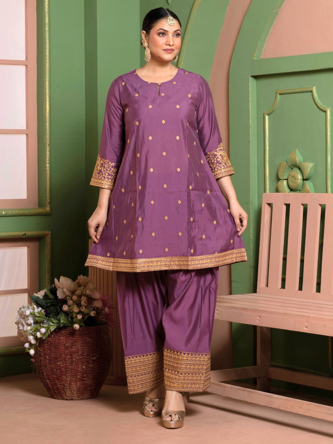 Dusty Plum Kashida Embroidered A-Line Kurta with Farshi Salwar and Dupatta
