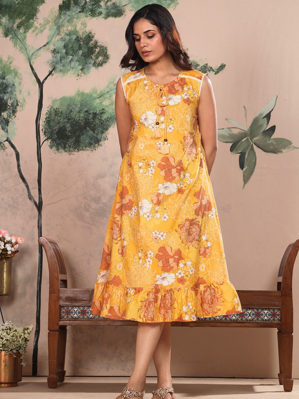 Vintage Yellow Floral Cotton A-Line Dress for Women