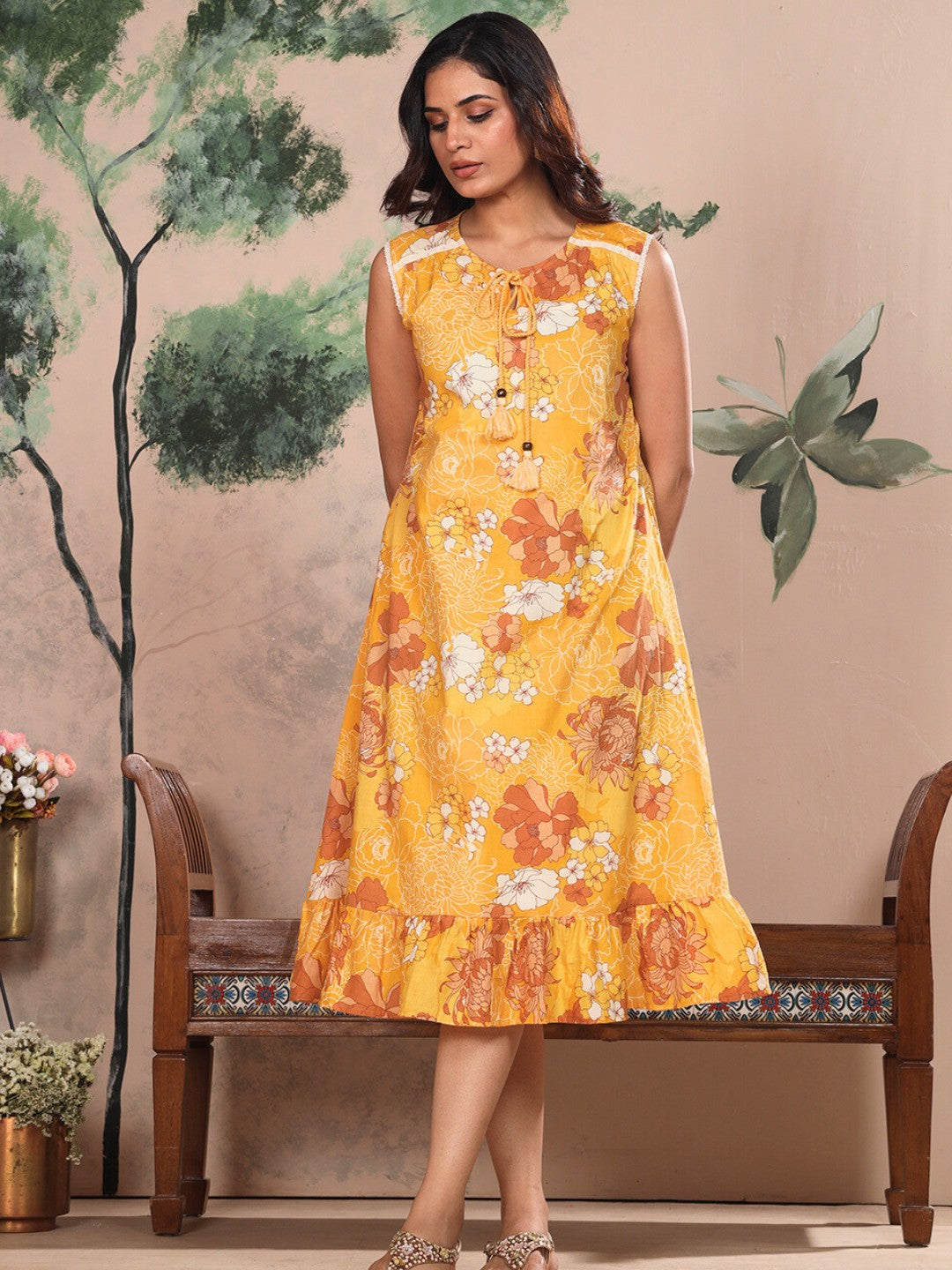 Vintage Yellow Floral Cotton A-Line Dress for Women