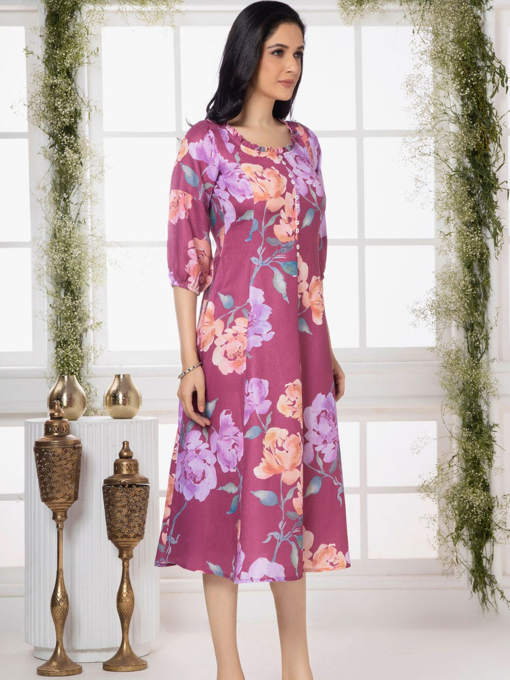 Mystic Pink Floral Elegance Midi Dress