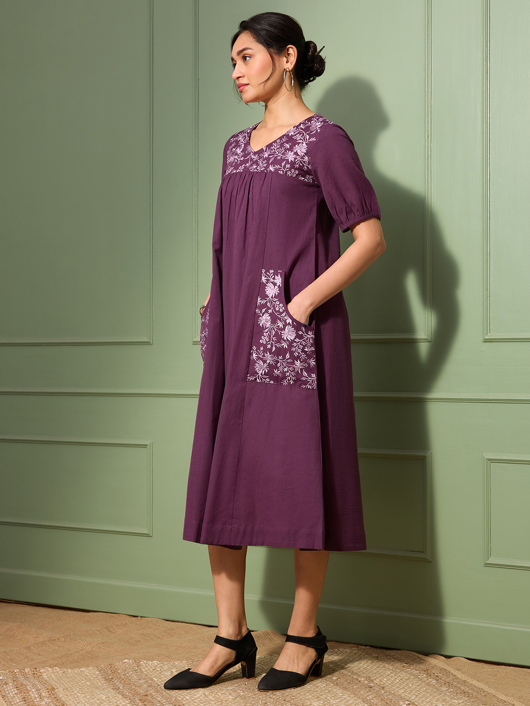 Aubergine Purple Cotton Linen Dress A-Line with Parsi Gara Inspired Embroidery