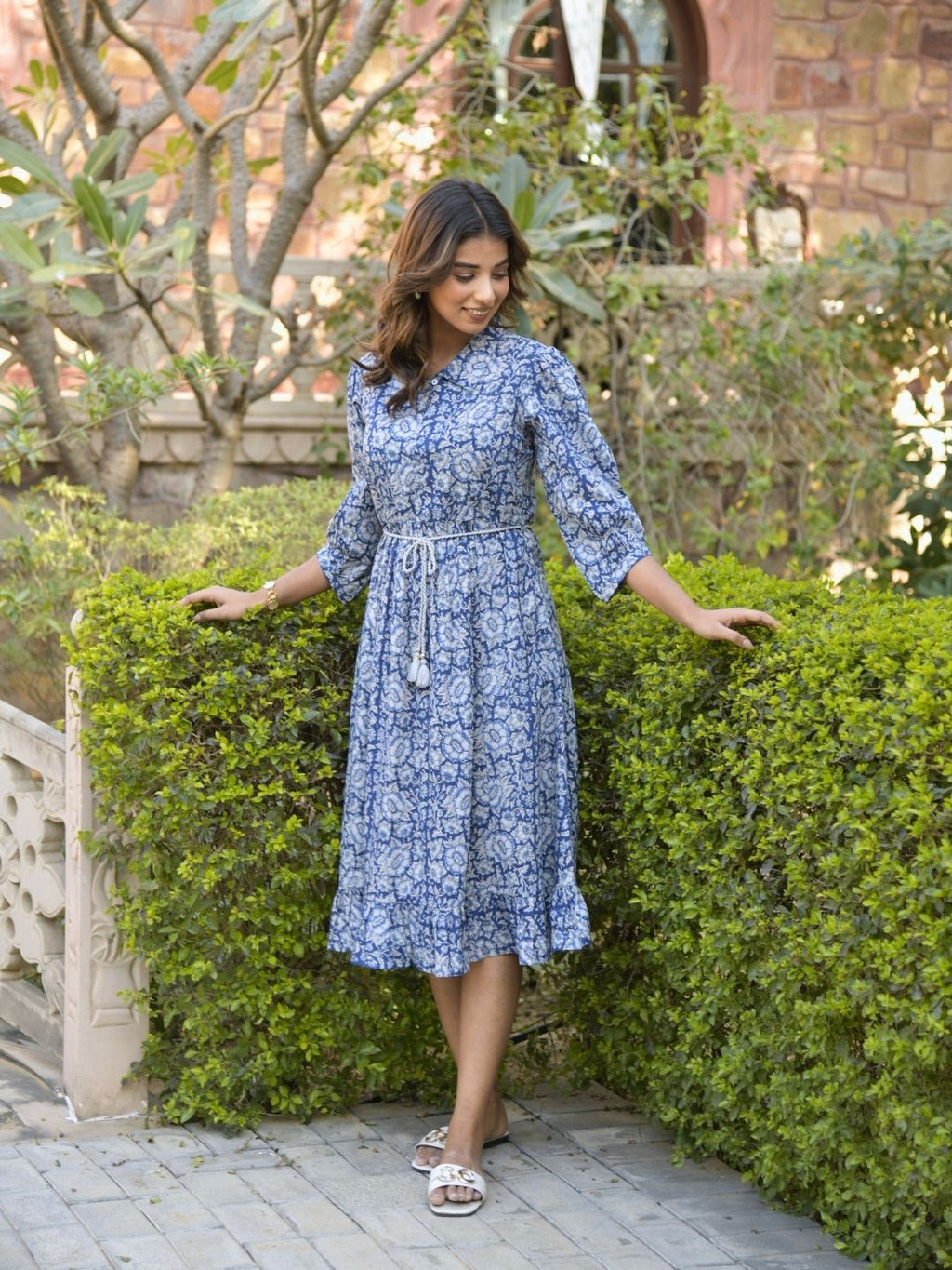 Blue Floral Print Boho Midi Dress with Belt