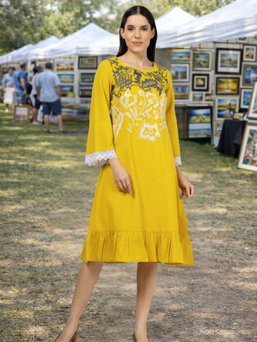 Mustard Cotton Slub Embroidered Dress with Lace on sleeves