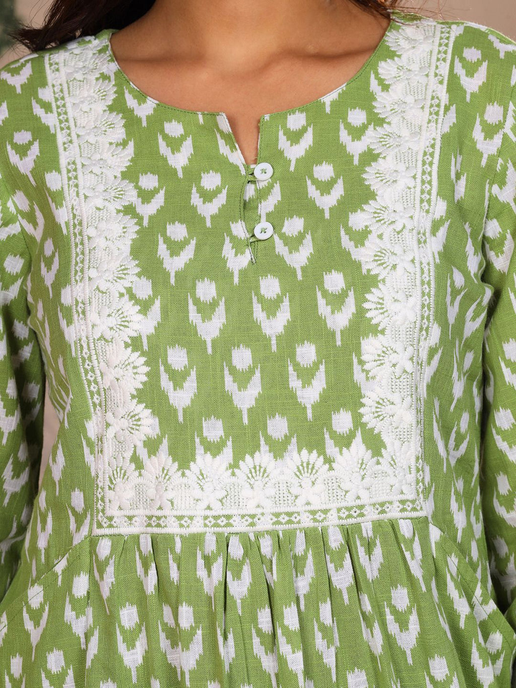 Sage Green Cotton Slub Dress Waist Yoke with Embroidery