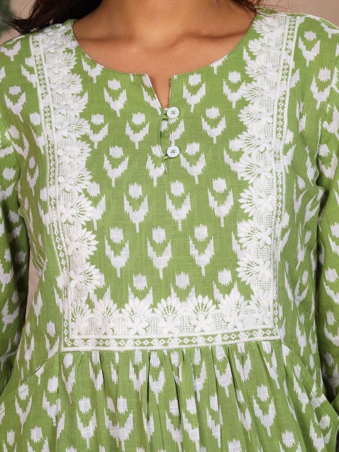 Sage Green Cotton Slub Dress Waist Yoke with Embroidery