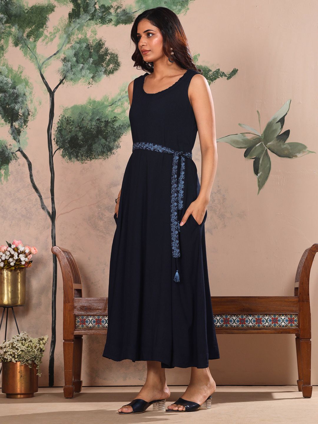 Midnight Navy Blue Parsi Gara Belted A-Line Dress