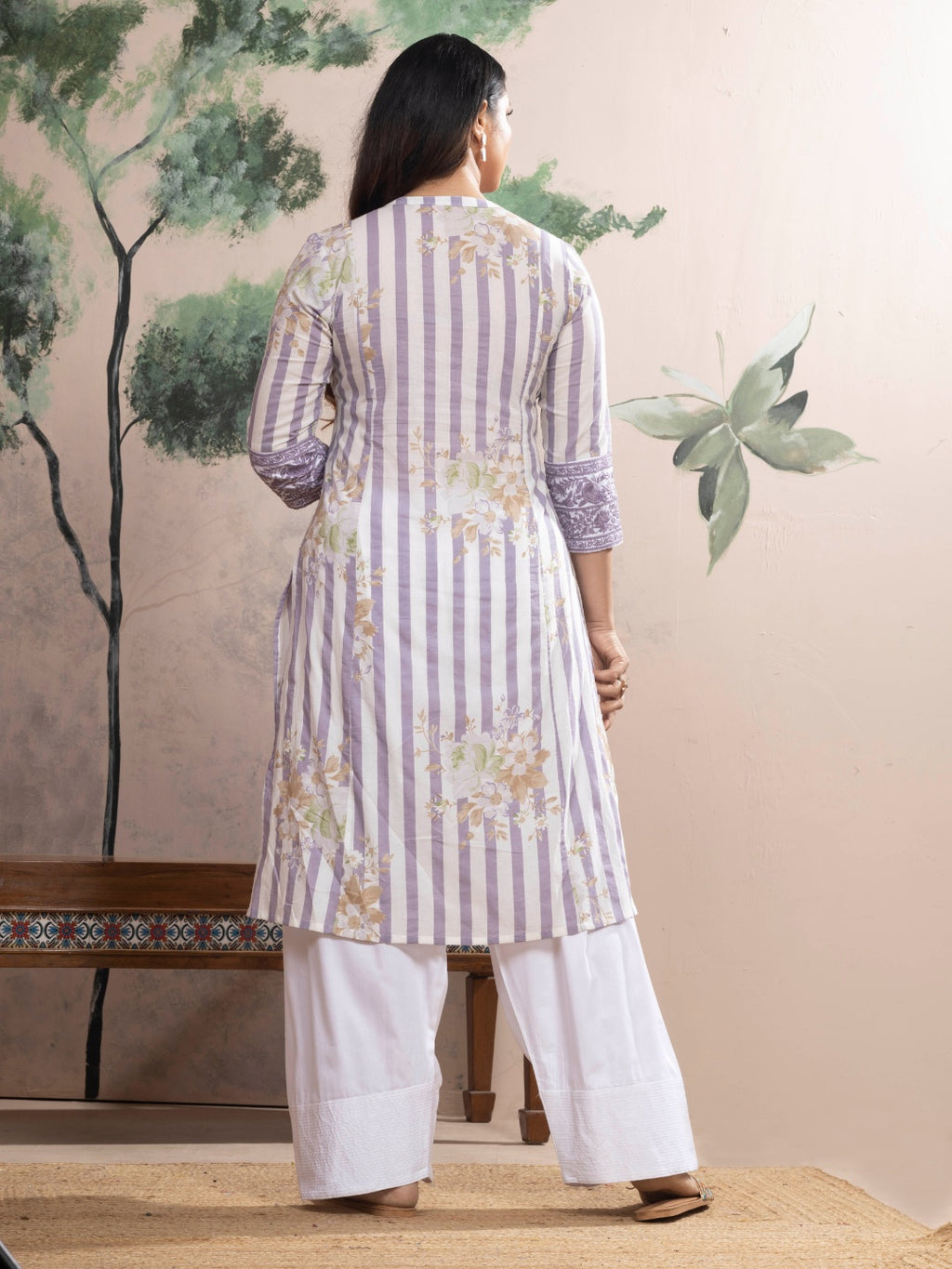 Soft White Cotton Kurta with Lilac Stripes & Floral Print