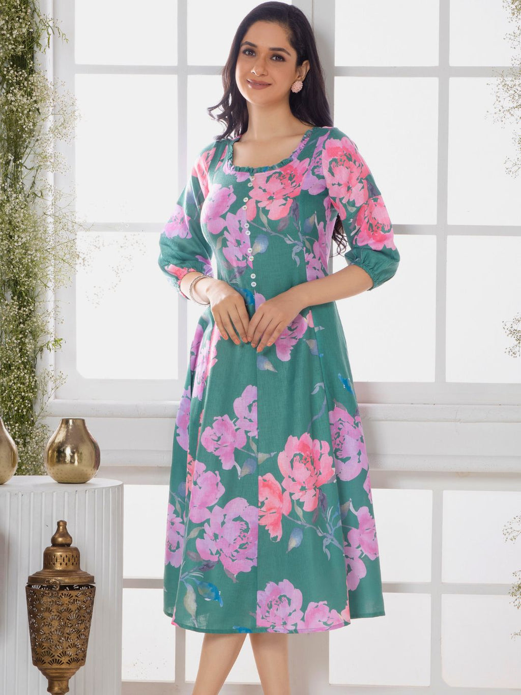 Dusty Teal Floral Elegance Midi Dress