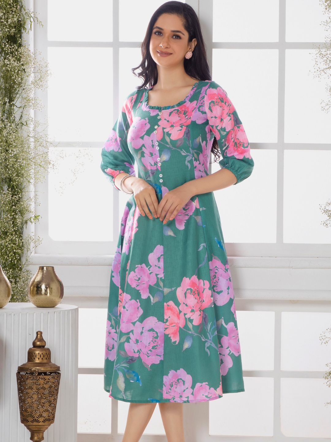 Dusty Teal Floral Elegance Midi Dress