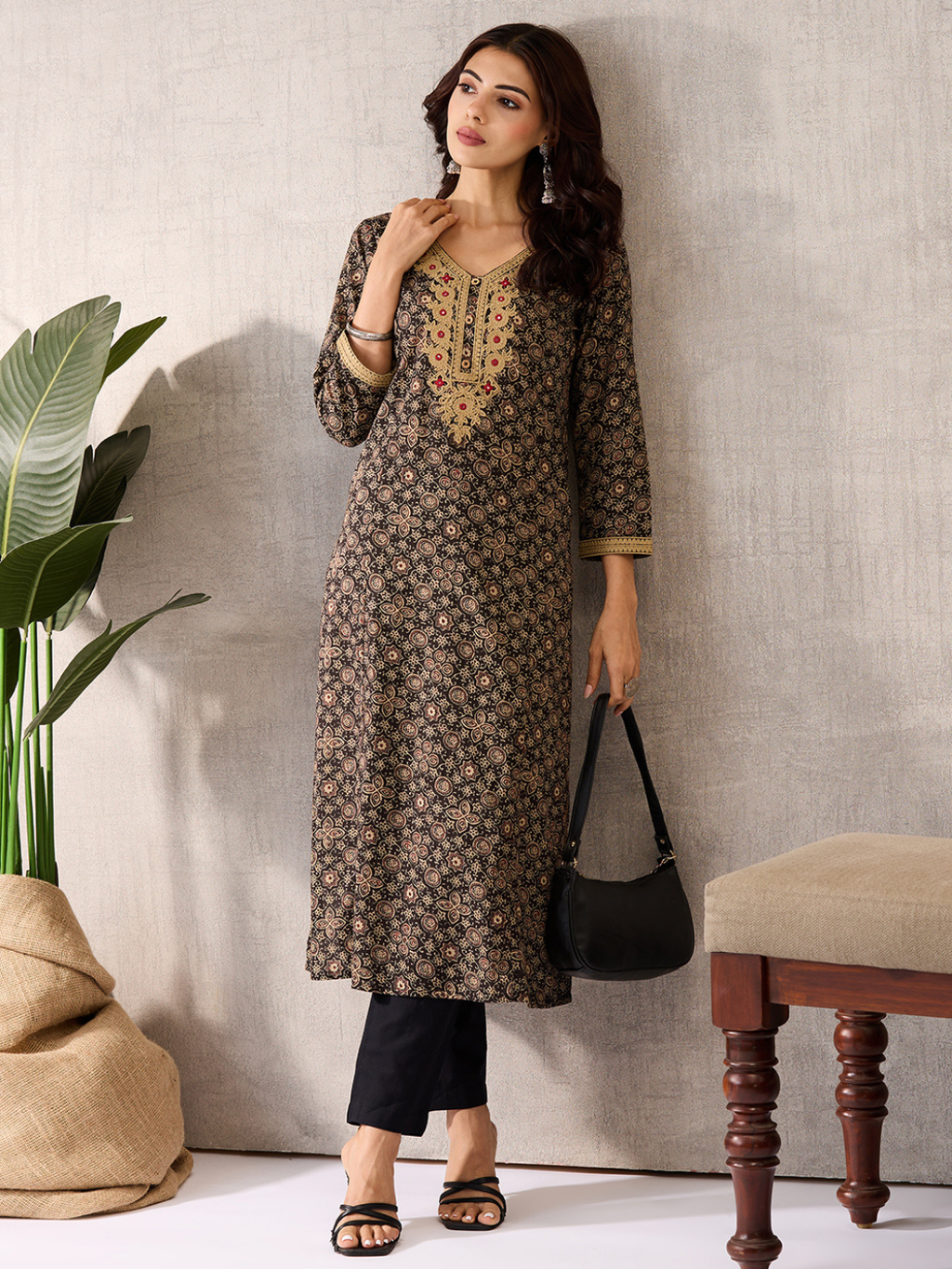 Black Sanganeri Block Motifs Kurta with Emboridery
