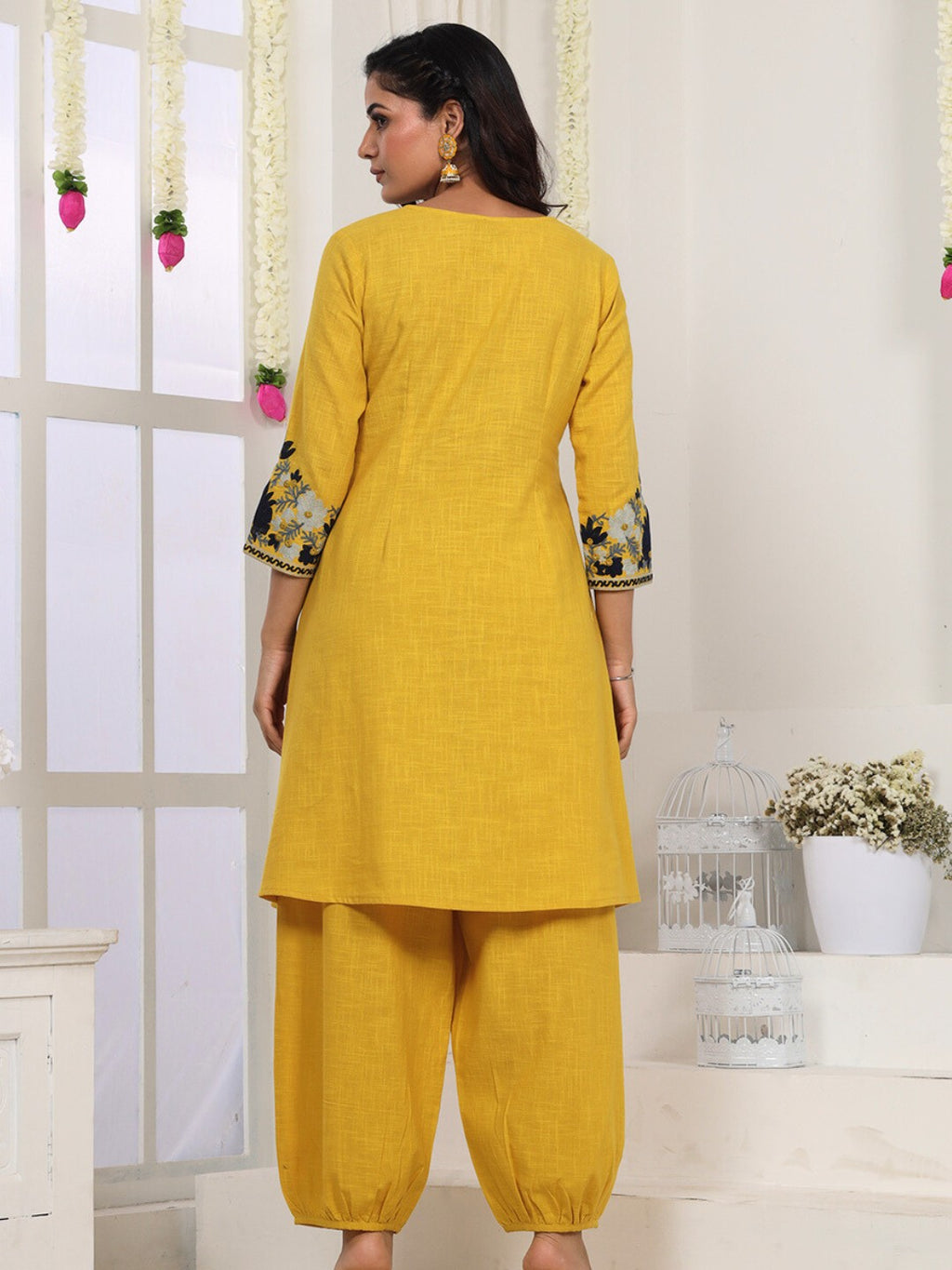 Golden Mustard Kashida Embroidered A-Line Cotton Kurta Set with Salwar