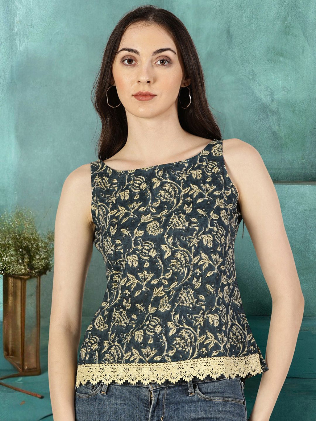 Blue Ethnic Floral Print Top with Lace Inserts