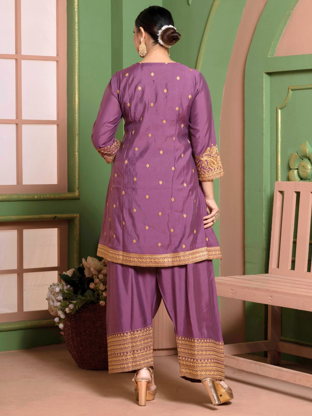 Dusty Plum Kashida Embroidered A-Line Kurta with Farshi Salwar and Dupatta