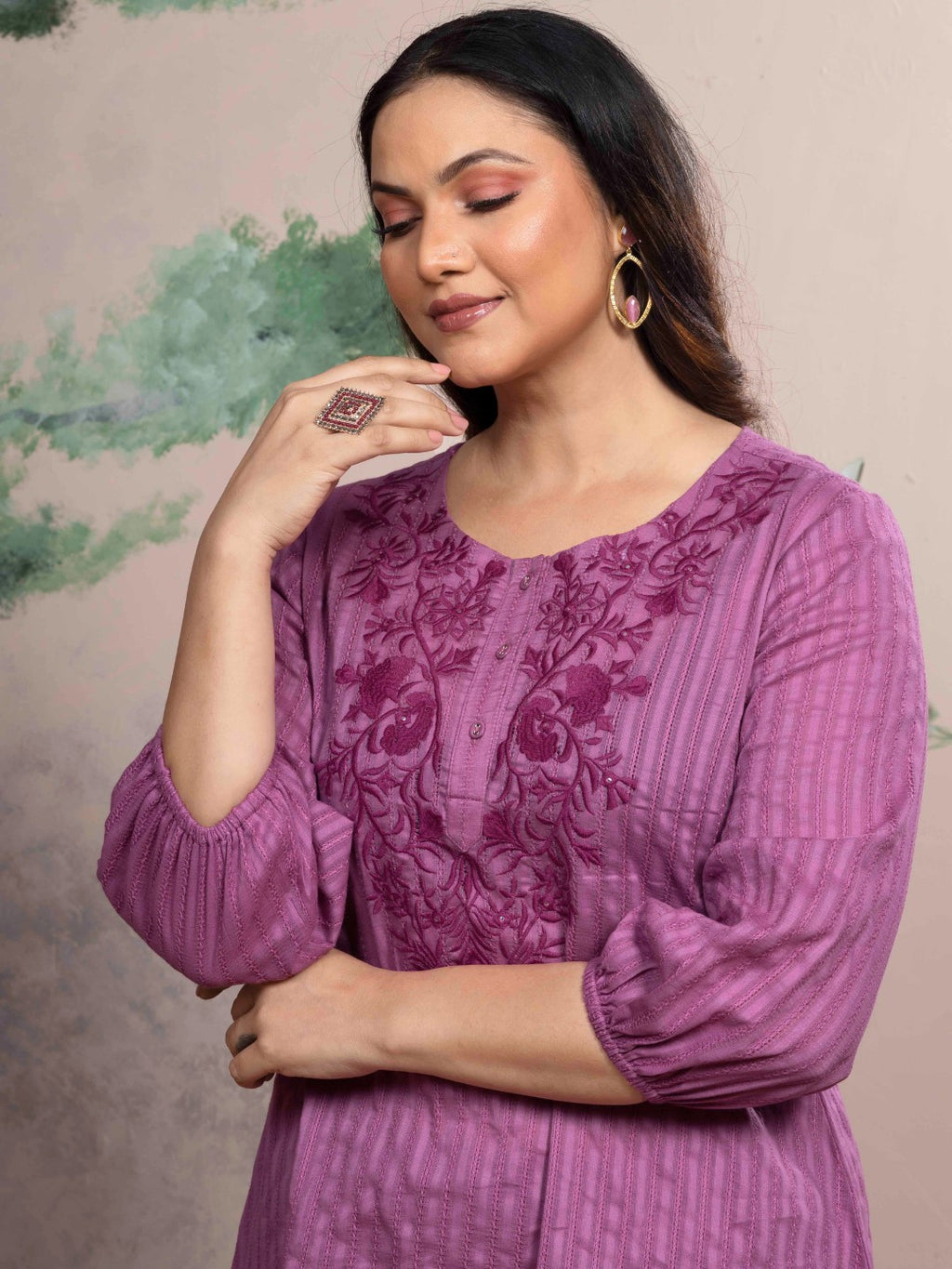 Mulberry Blush Cotton Leno Stripe Embroidered Kurta Set with Palazzo