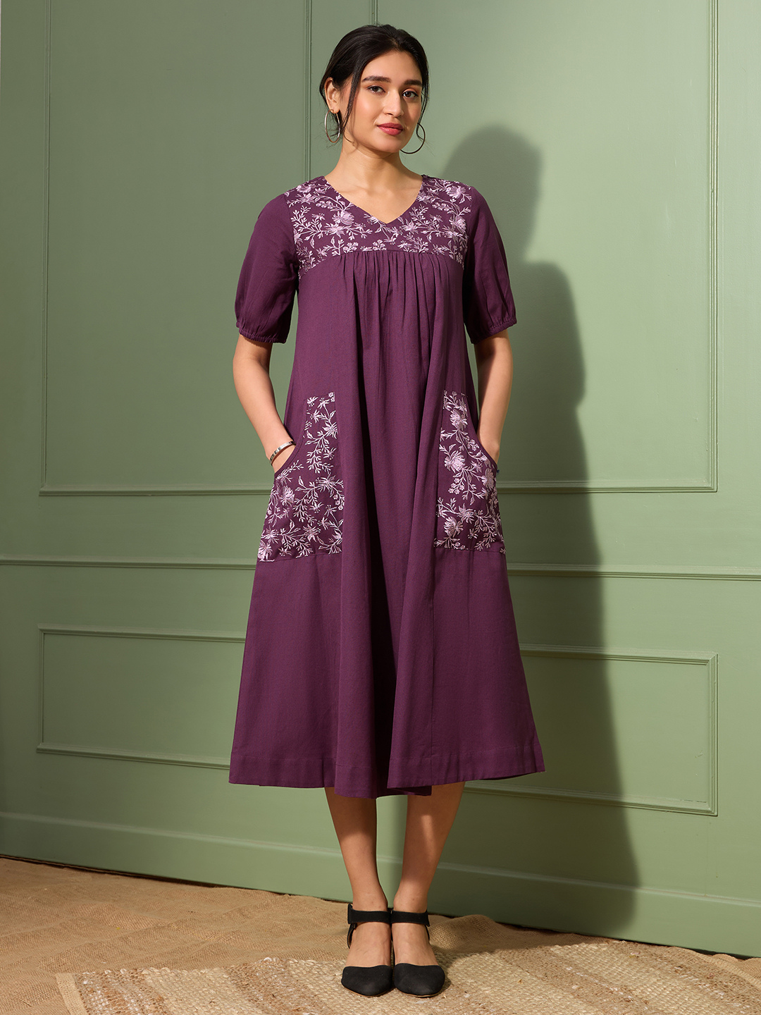 Aubergine Purple Cotton Linen Dress A-Line with Parsi Gara Inspired Embroidery