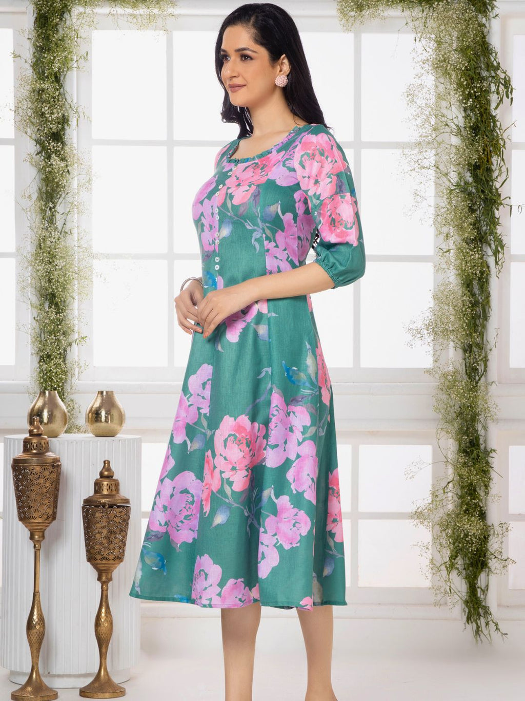 Dusty Teal Floral Elegance Midi Dress