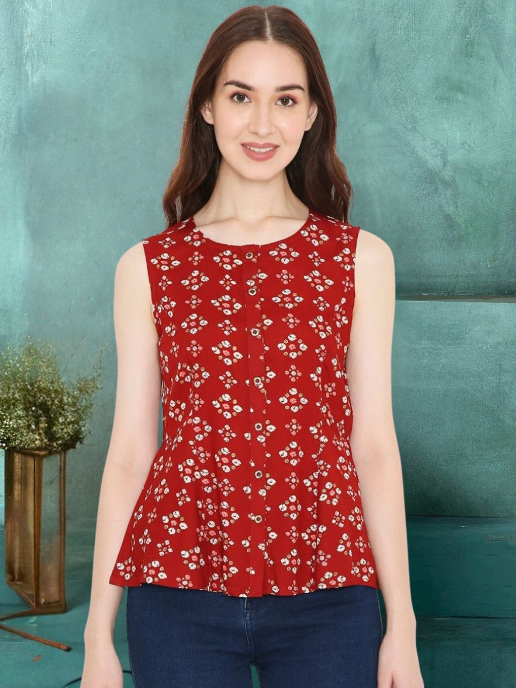 Red Rayon Bandhani Printed A-line Panelled Top