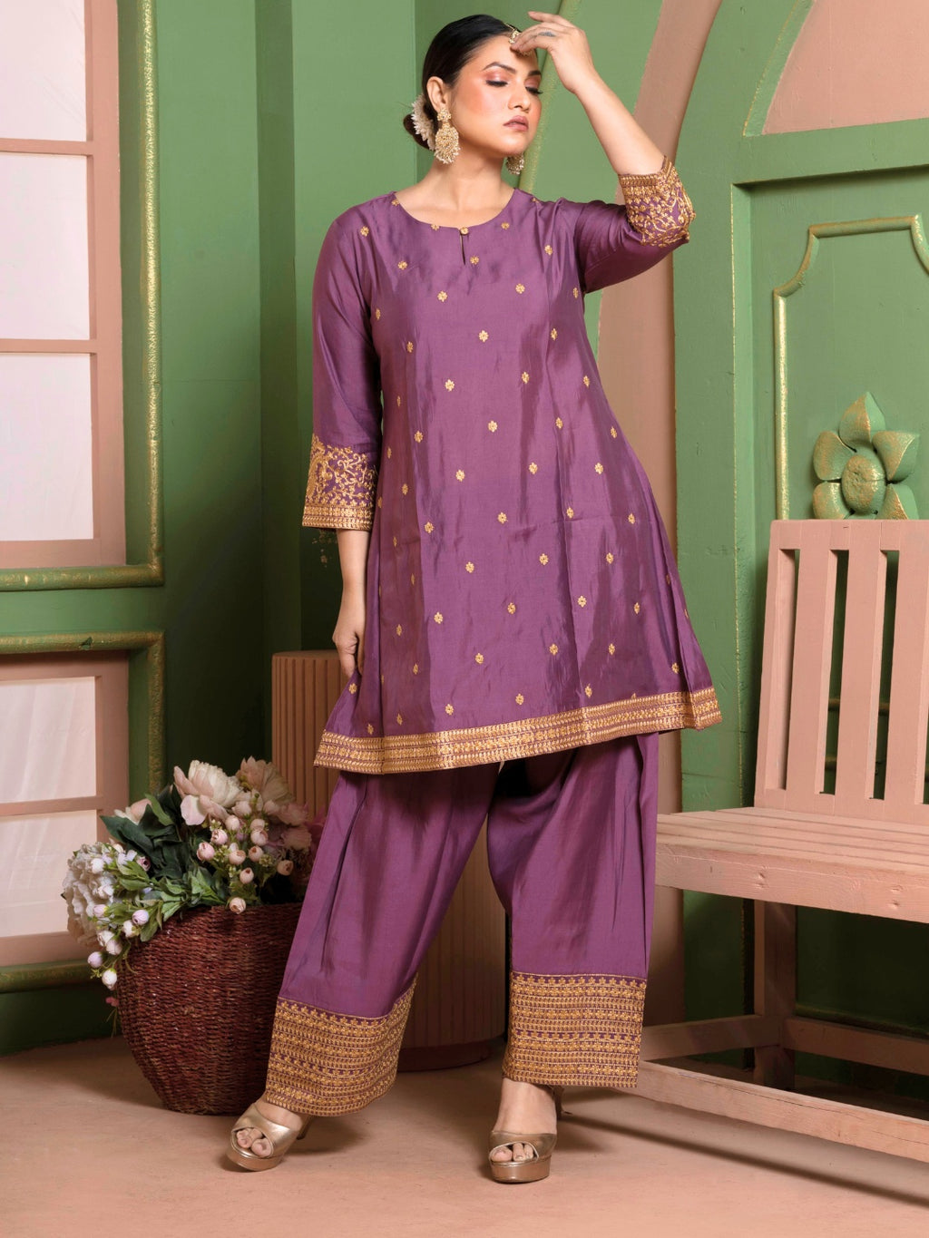 Dusty Plum Kashida Embroidered A-Line Kurta with Farshi Salwar and Dupatta