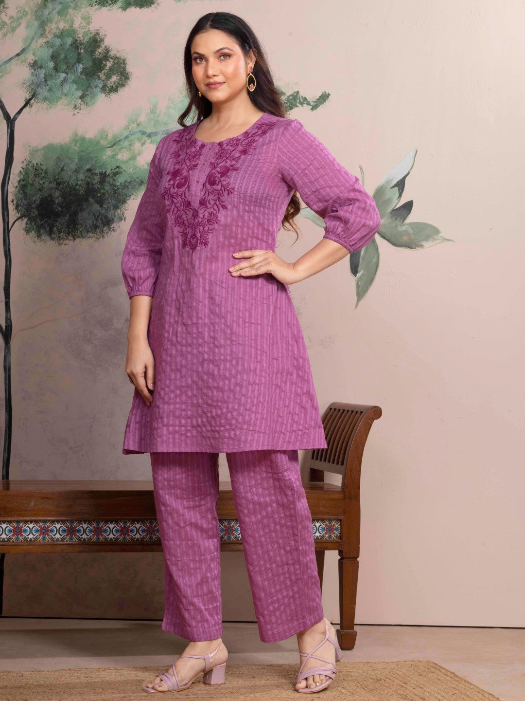 Mulberry Blush Cotton Leno Stripe Embroidered Kurta Set with Palazzo