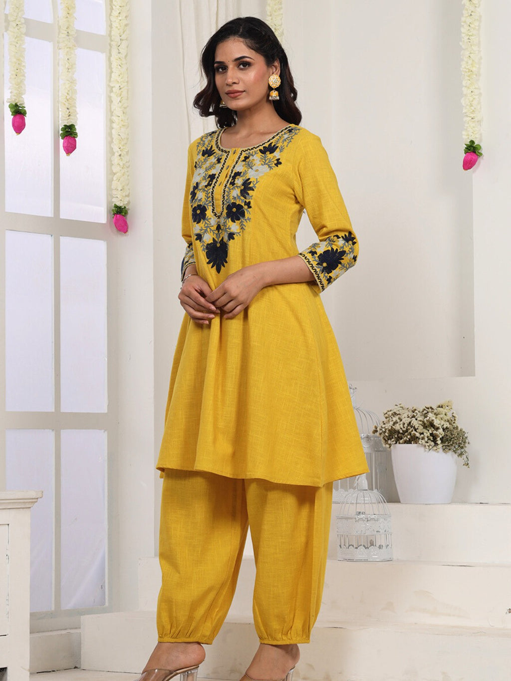 Golden Mustard Kashida Embroidered A-Line Cotton Kurta Set with Salwar