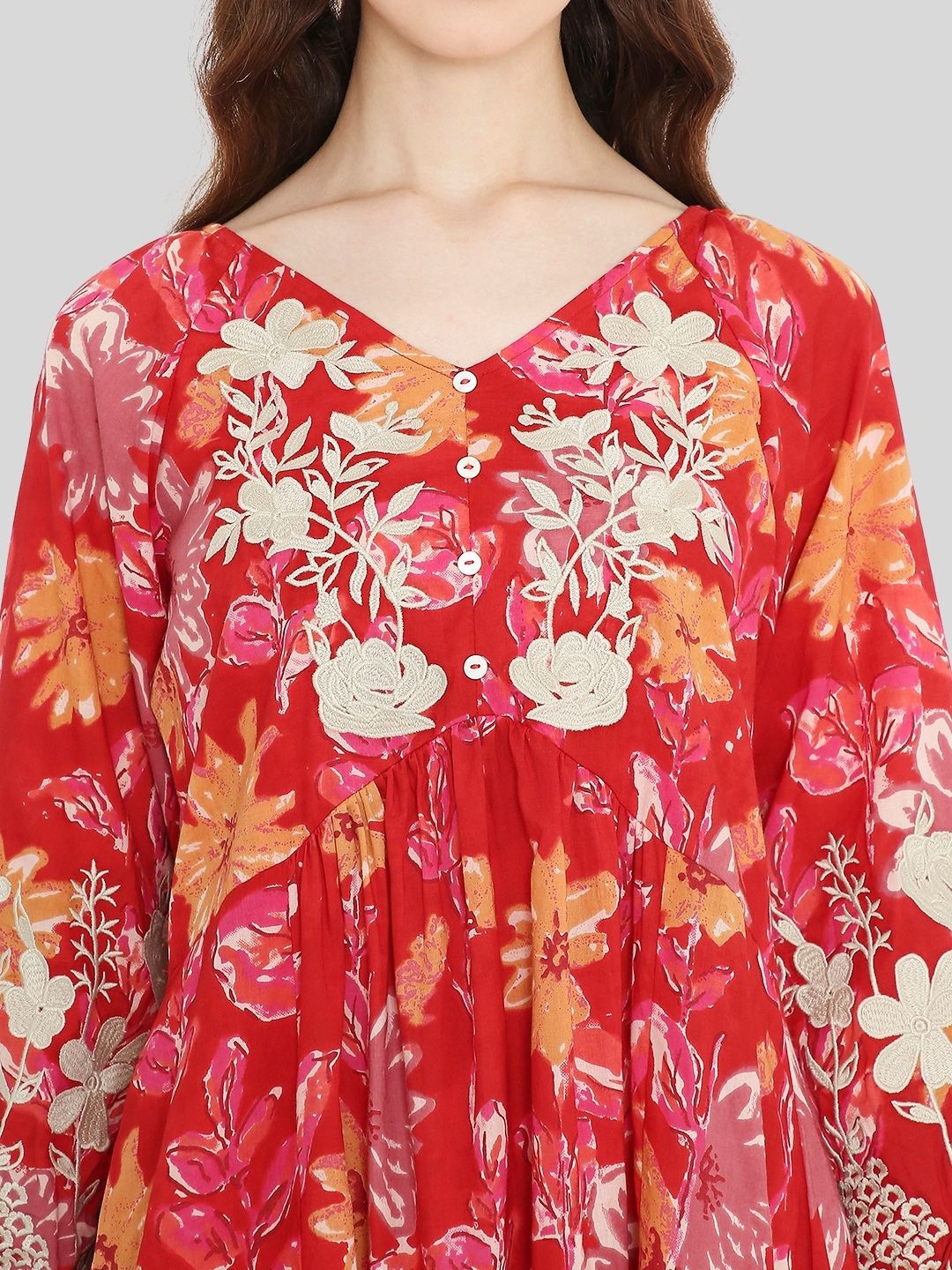 Red Floral Print Cotton Dress with Neck Embroidery