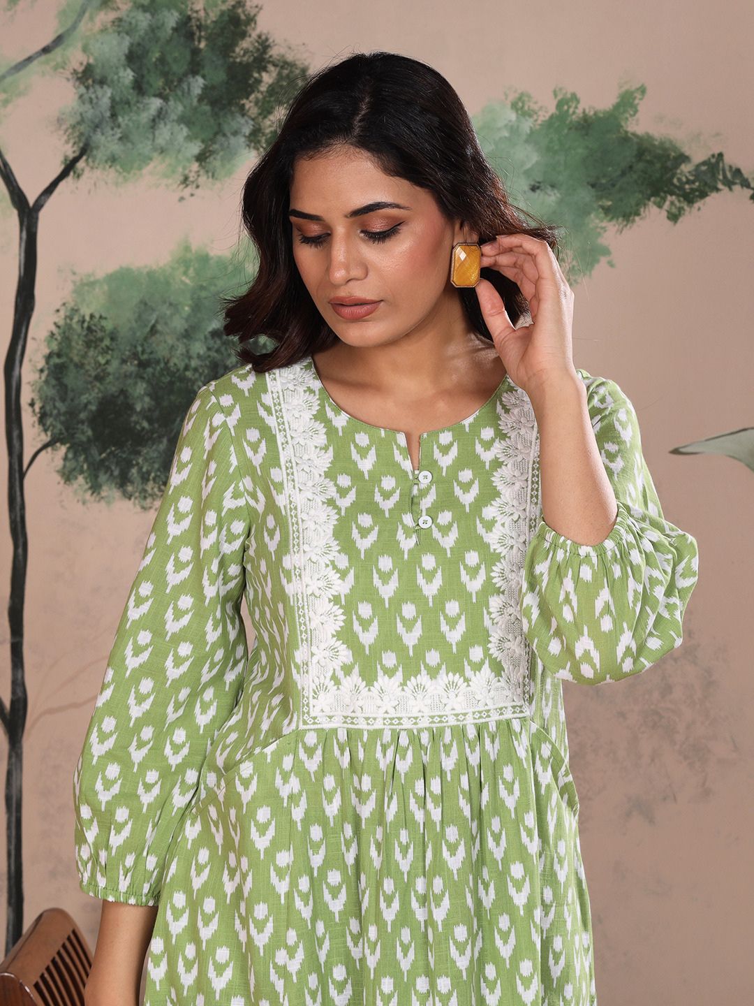Sage Green Cotton Slub Dress Waist Yoke with Embroidery