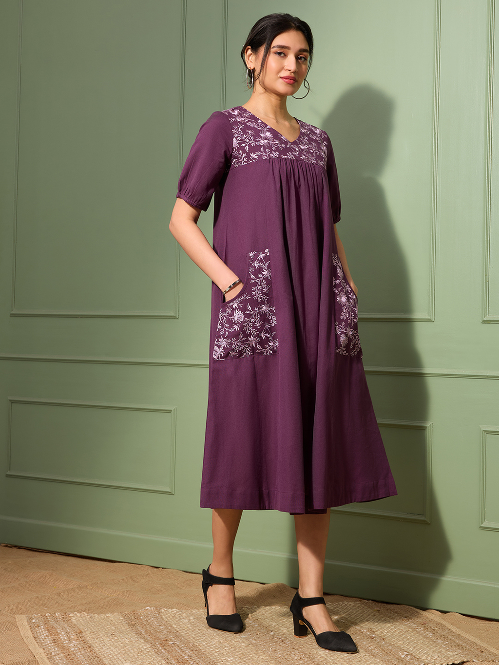 Aubergine Purple Cotton Linen Dress A-Line with Parsi Gara Inspired Embroidery