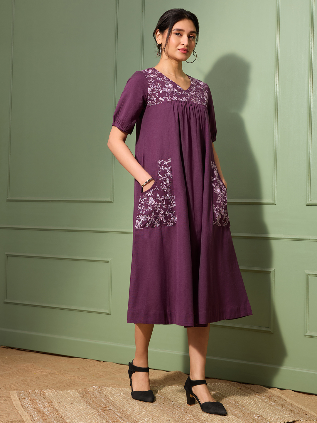 Aubergine Purple Cotton Linen Dress A-Line with Parsi Gara Inspired Embroidery