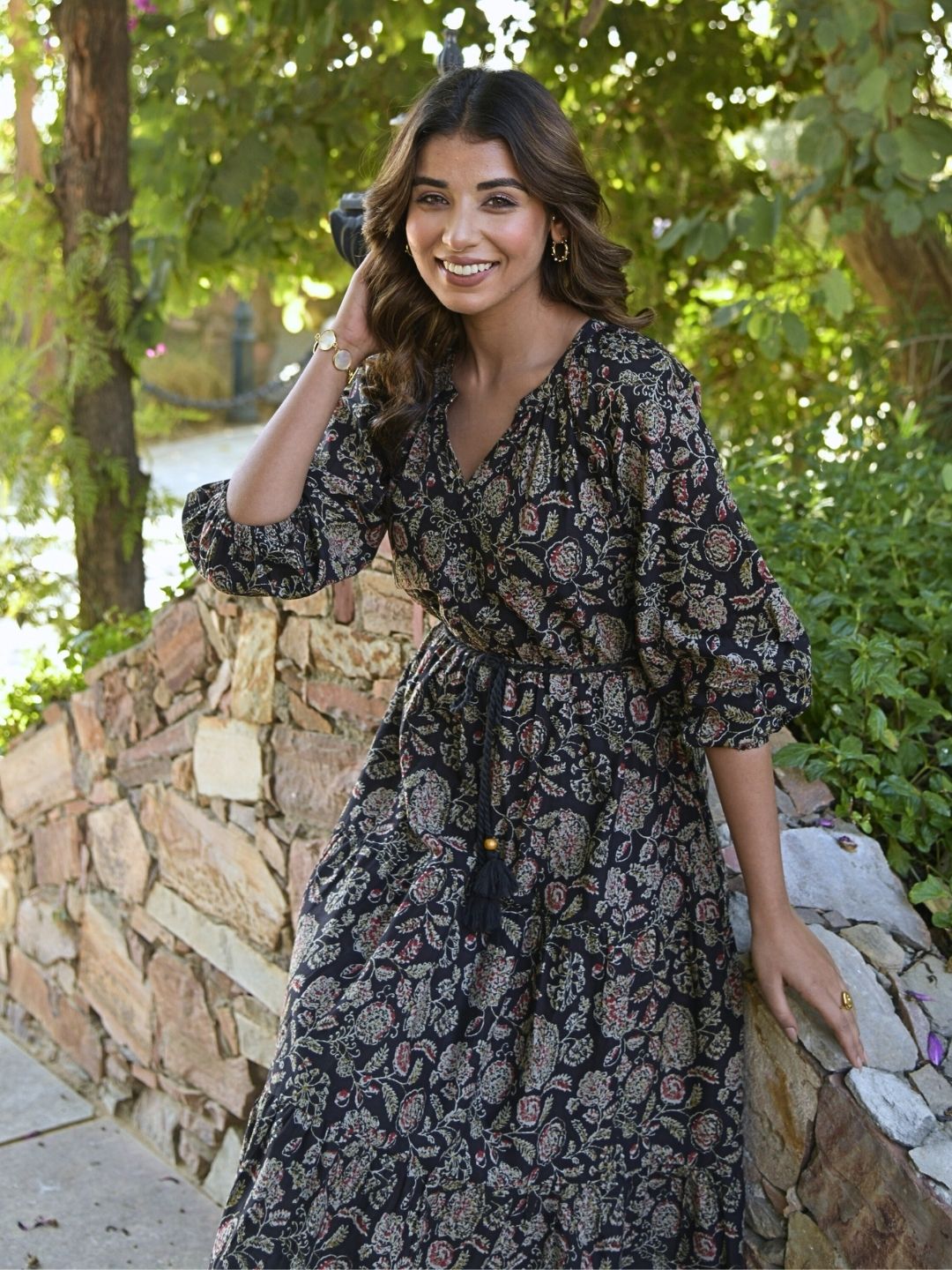 Black Ethnic Floral Print Boho Midi Dress – Saffron Threads