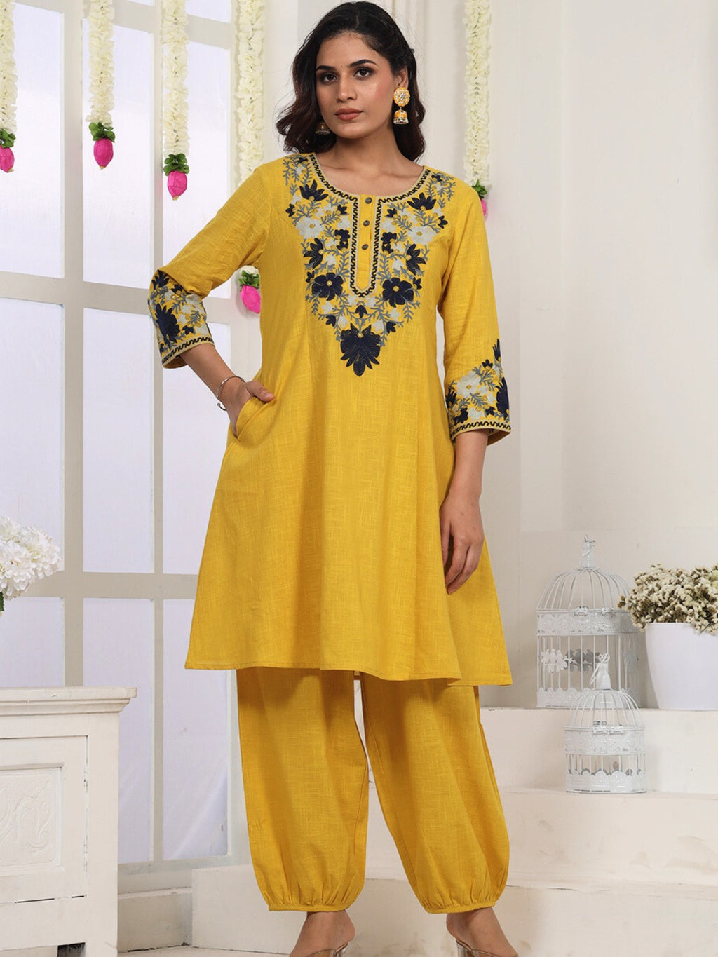 Golden Mustard Kashida Embroidered A-Line Cotton Kurta Set with Salwar