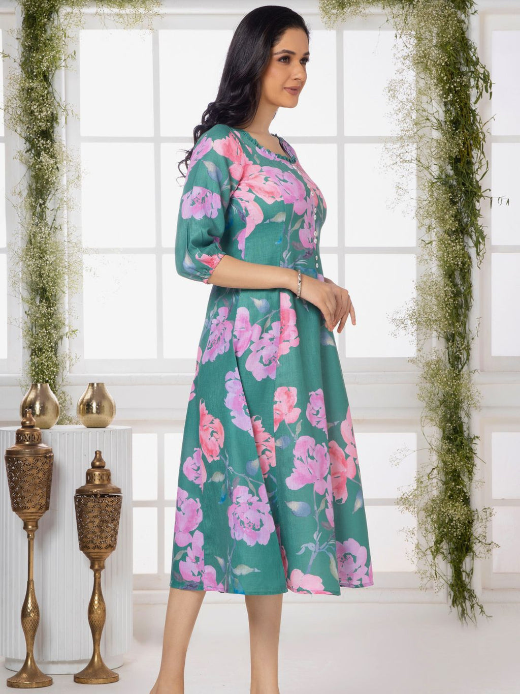 Dusty Teal Floral Elegance Midi Dress