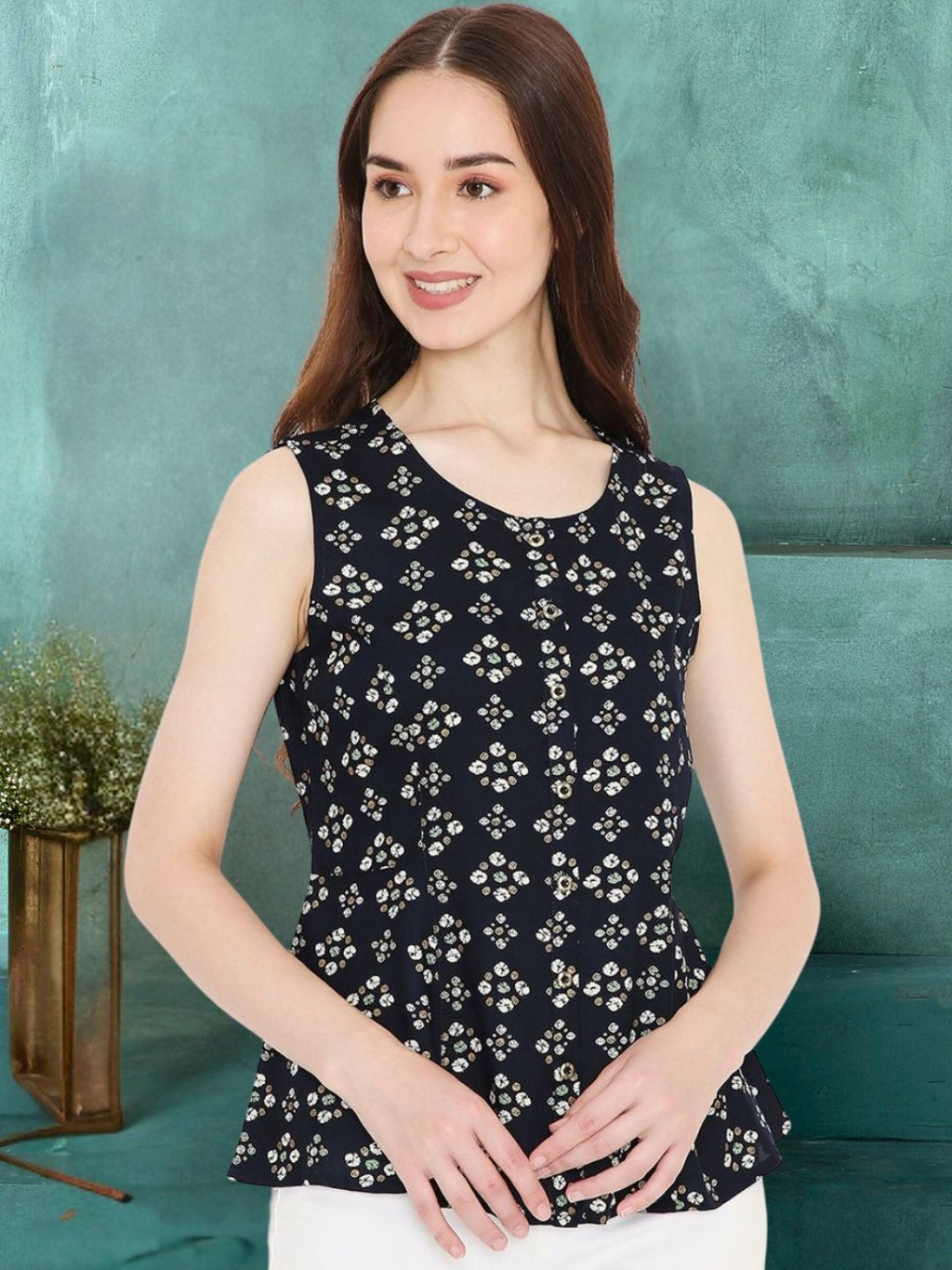 Navy Blue Rayon Bandhani Printed A-line Panelled Top