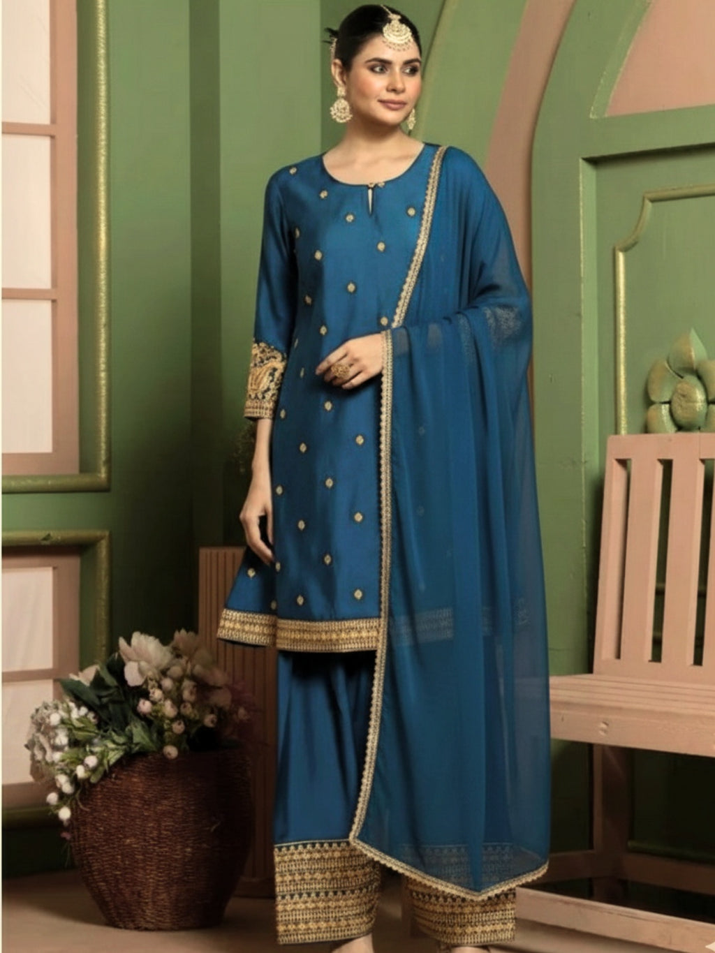 Midnight Teal Kashida Embroidered A-Line Kurta with Farshi Salwar and Dupatta