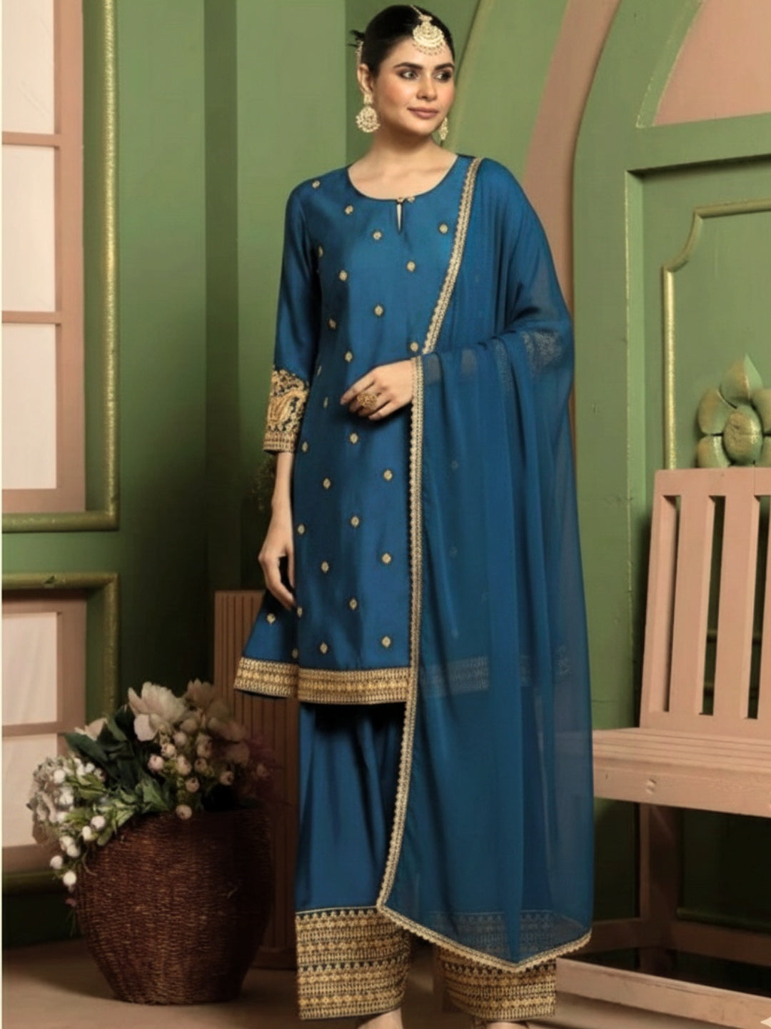 Midnight Teal Kashida Embroidered A-Line Kurta with Farshi Salwar and Dupatta