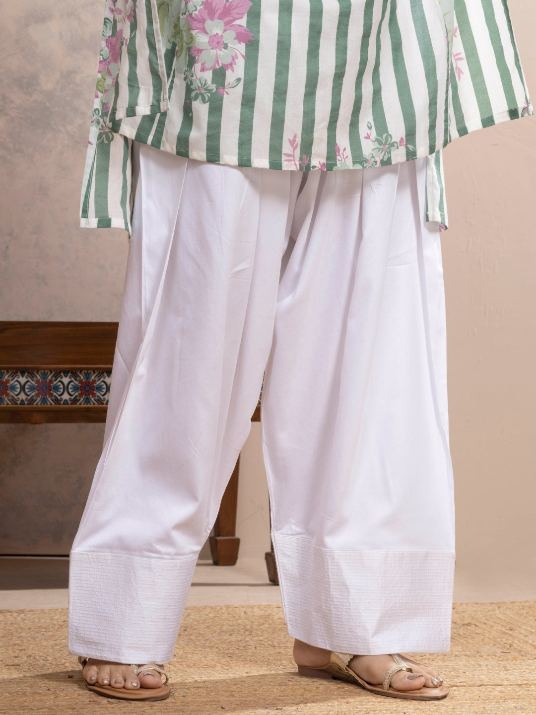 White Farshi Salwar with Elasticated Waist & Couching Detail