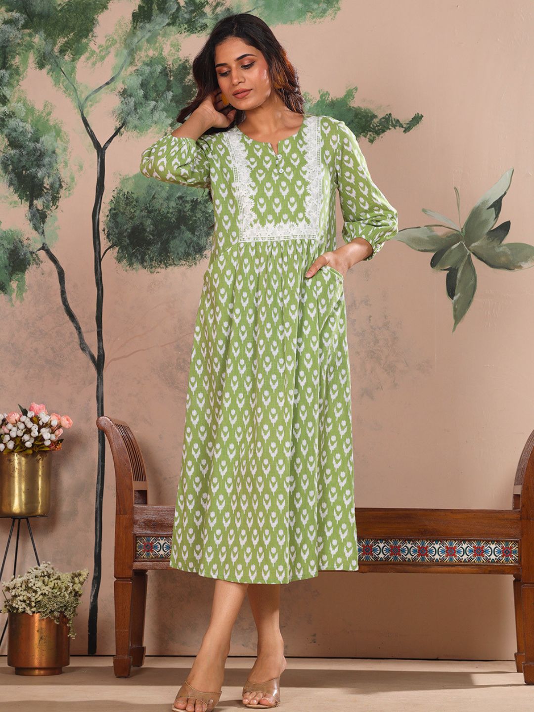 Sage Green Cotton Slub Dress Waist Yoke with Embroidery