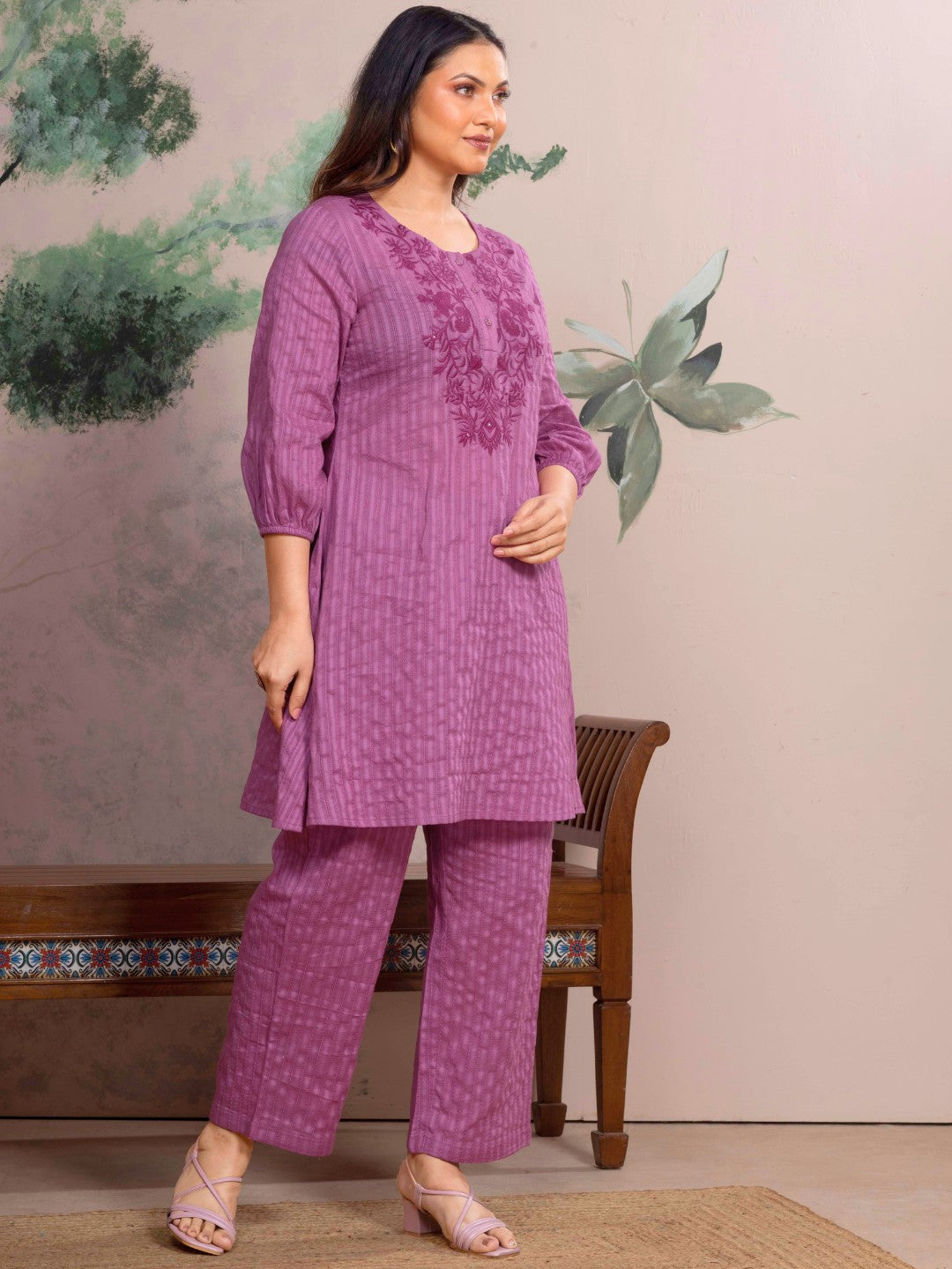 Mulberry Blush Cotton Leno Stripe Embroidered Kurta Set with Palazzo