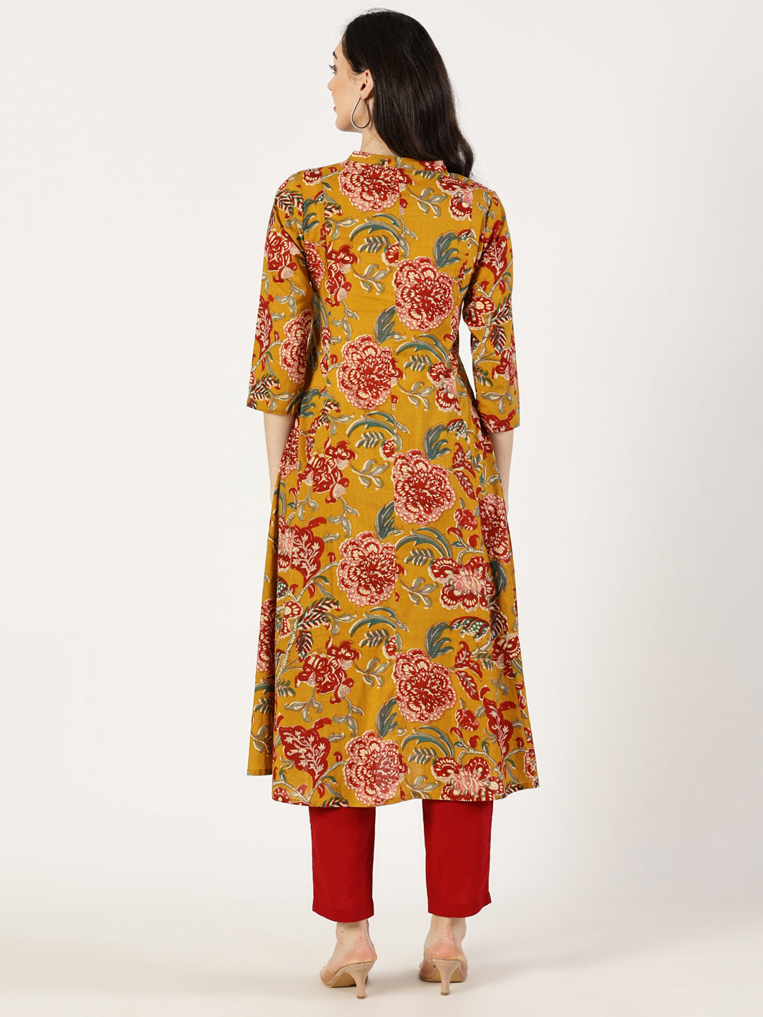 Mustard Cotton Printed Kurta with Embroidered Neck and Mirror Work