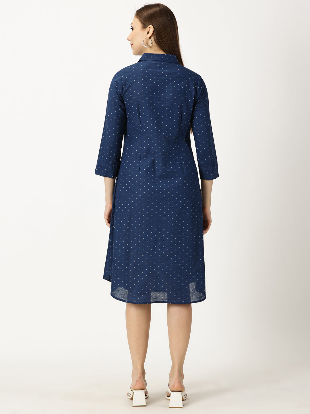 Navy Blue Printed Midi Shirt Dress