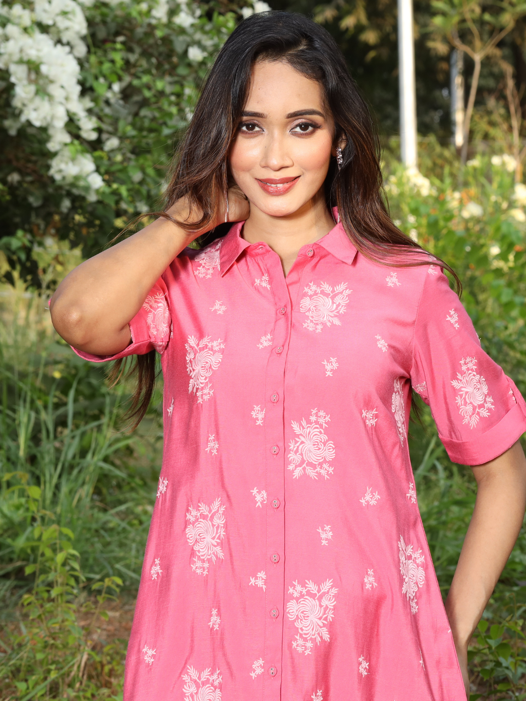 Pink Floral Whirl Embroidered Button-Down Dress