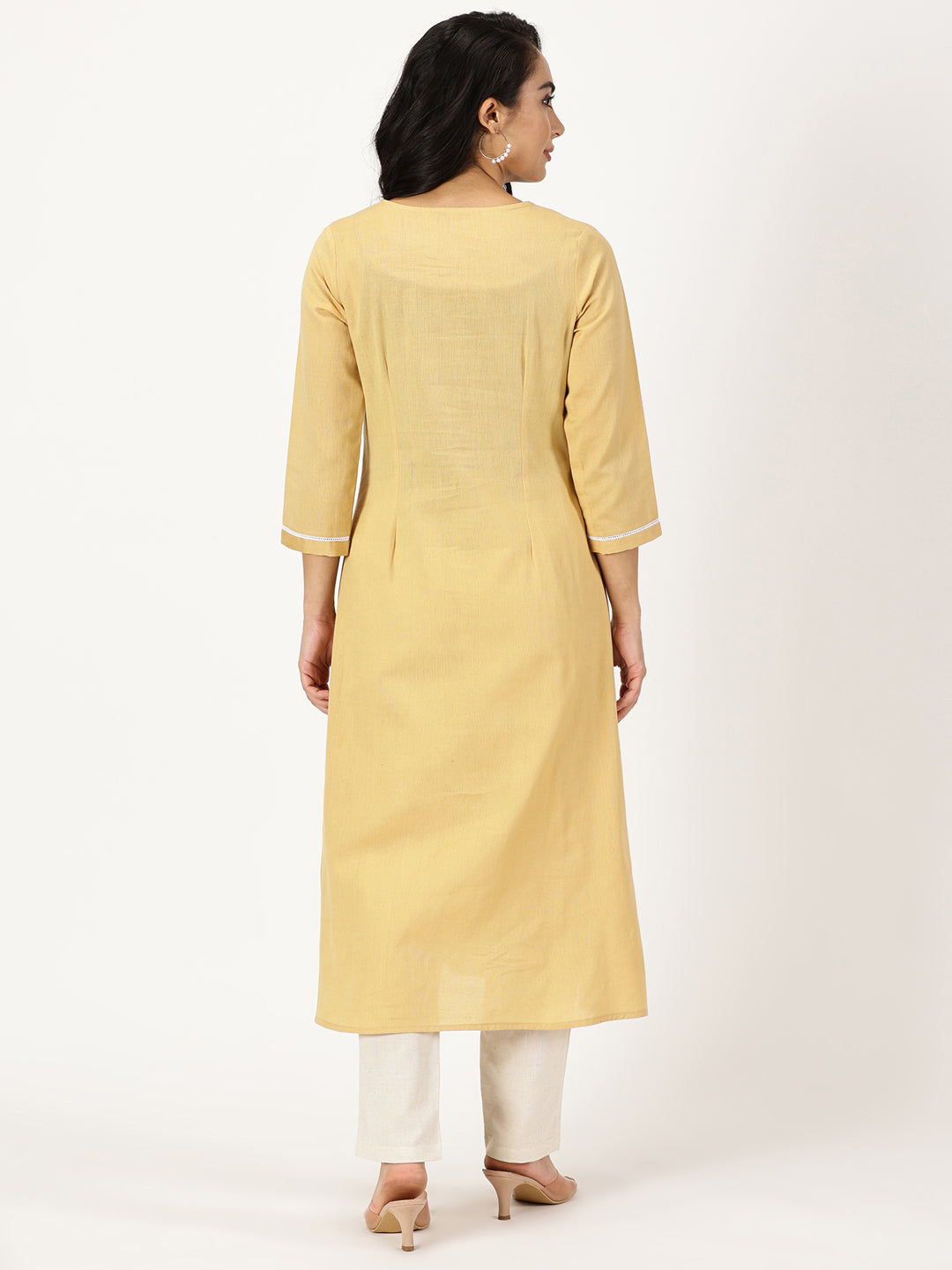 Beige Solid Kurta with Kashida Embroidery