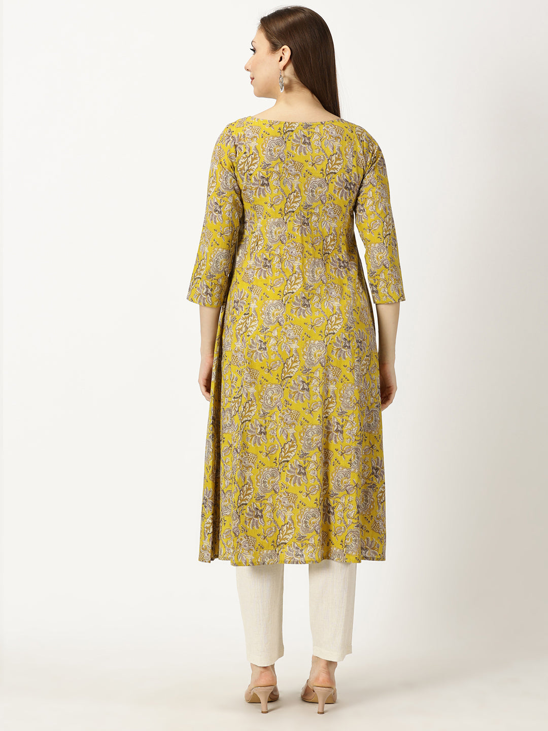 Mustard Printed Cotton Kurta with Neck Embroidery