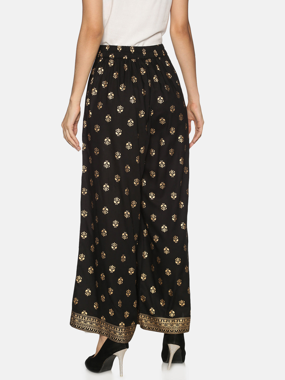 Black & Gold-Toned Printed Flared Palazzo