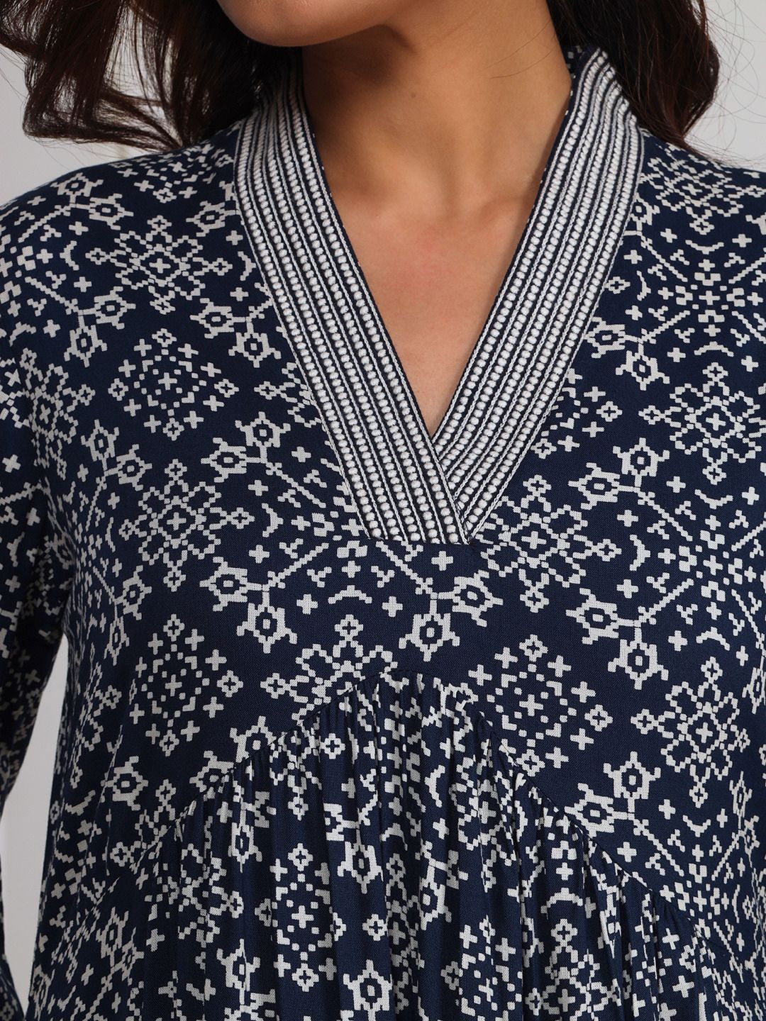 Navy Blue Printed A-Line Dress with Embroidery and Pockets