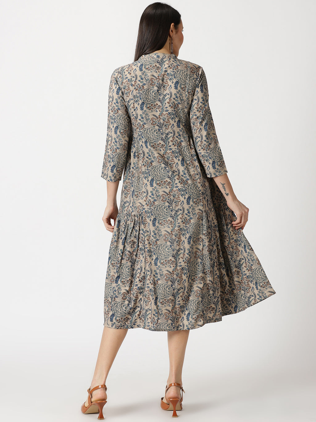 Beige Ethnic Floral Print Rayon Dress with Side Gathers