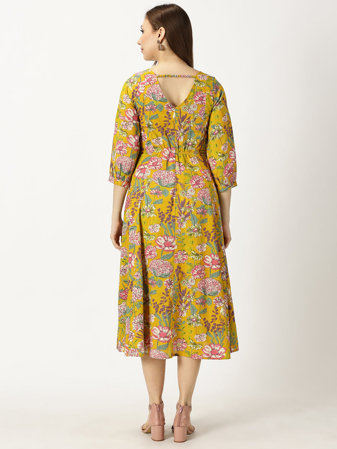 Mustard Tropical Print Boho Cotton Dress