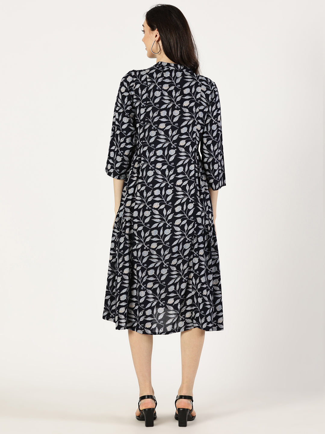 Navy Blue Tropical Print Rayon Dress with Side Gathers