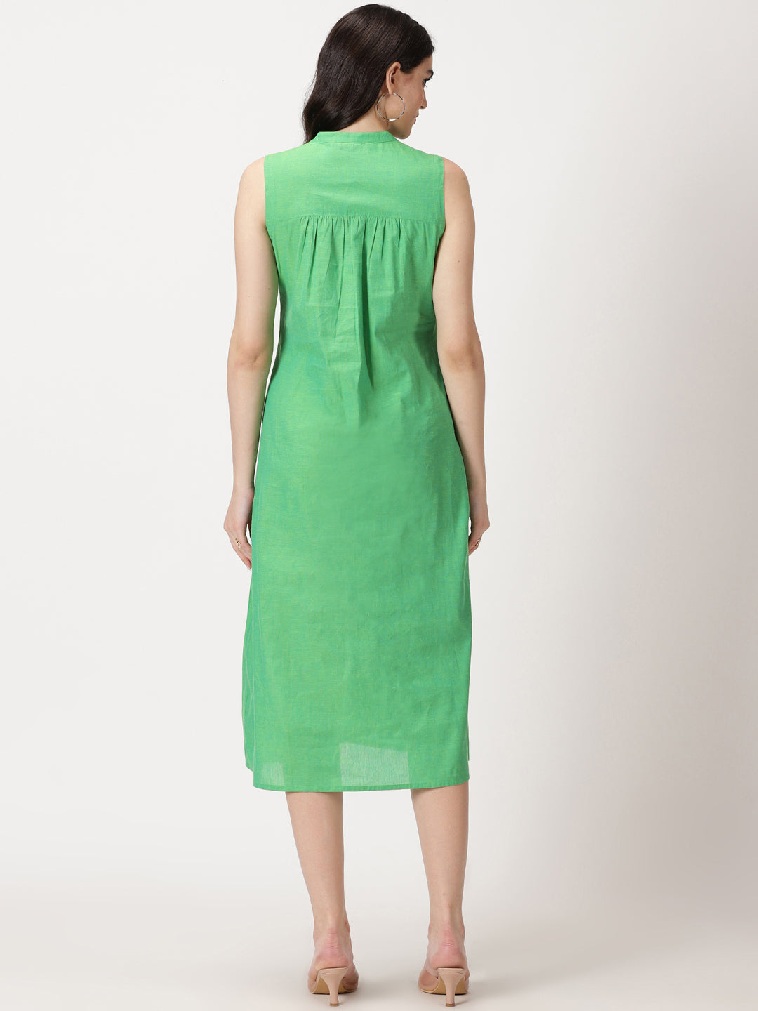 Green Cotton Pintuck Detail Midi Dress