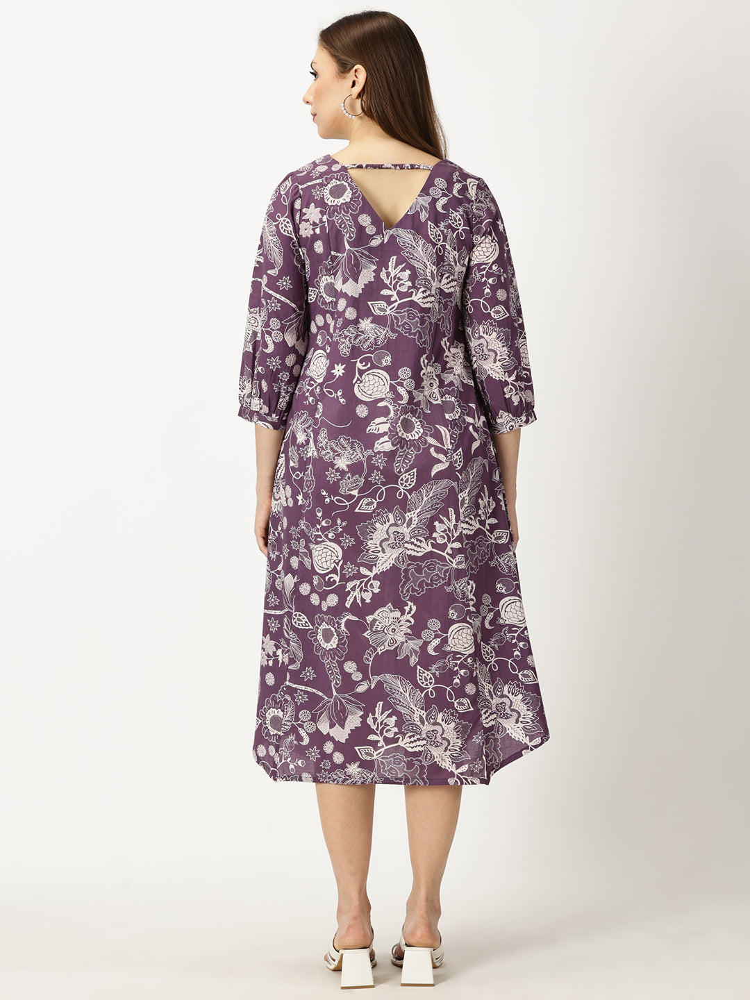 Purple Tropical Print Cotton Dress with Back Strap