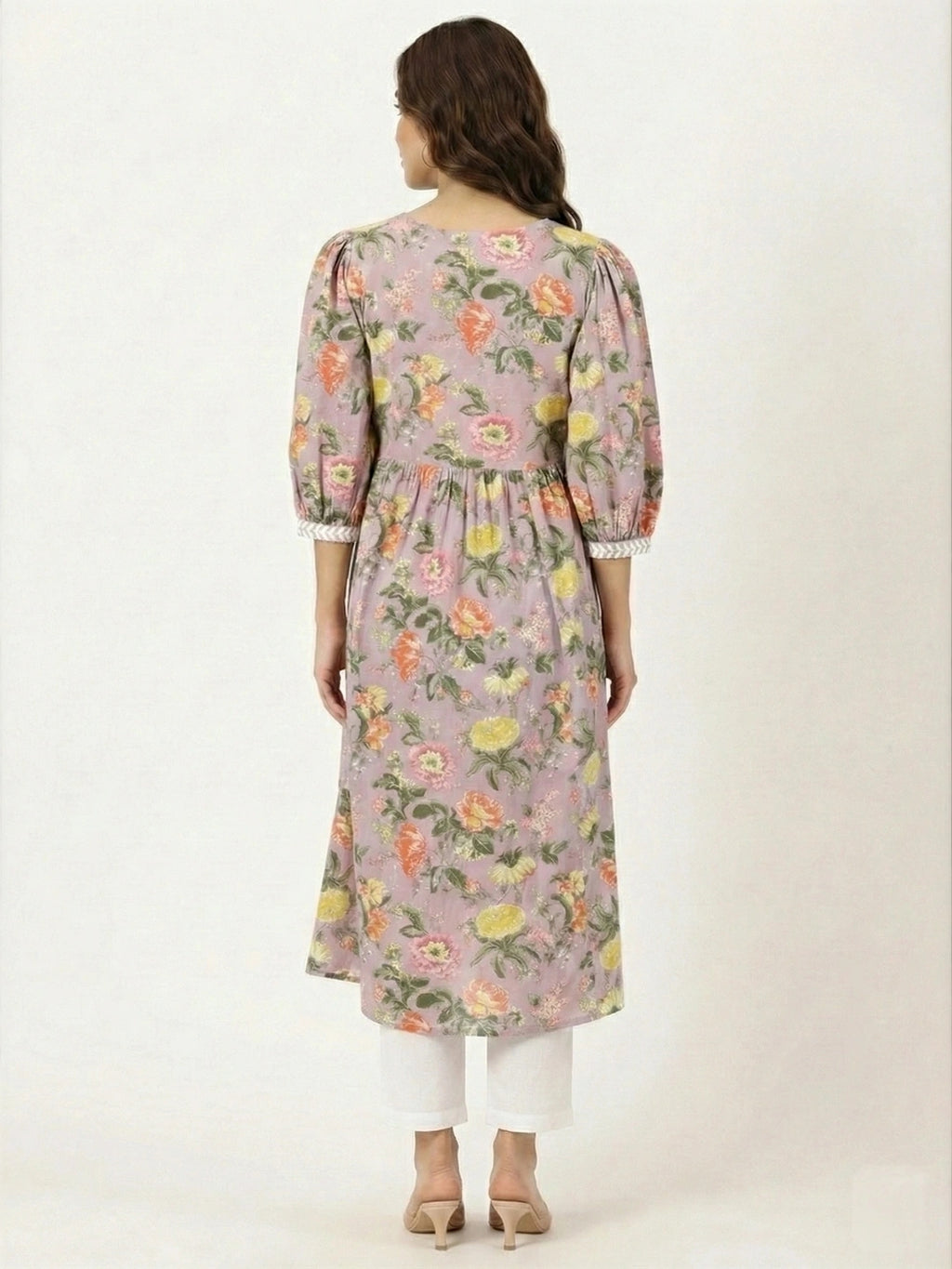 Lilac Floral Print Kurta with Chikankari Embroidery